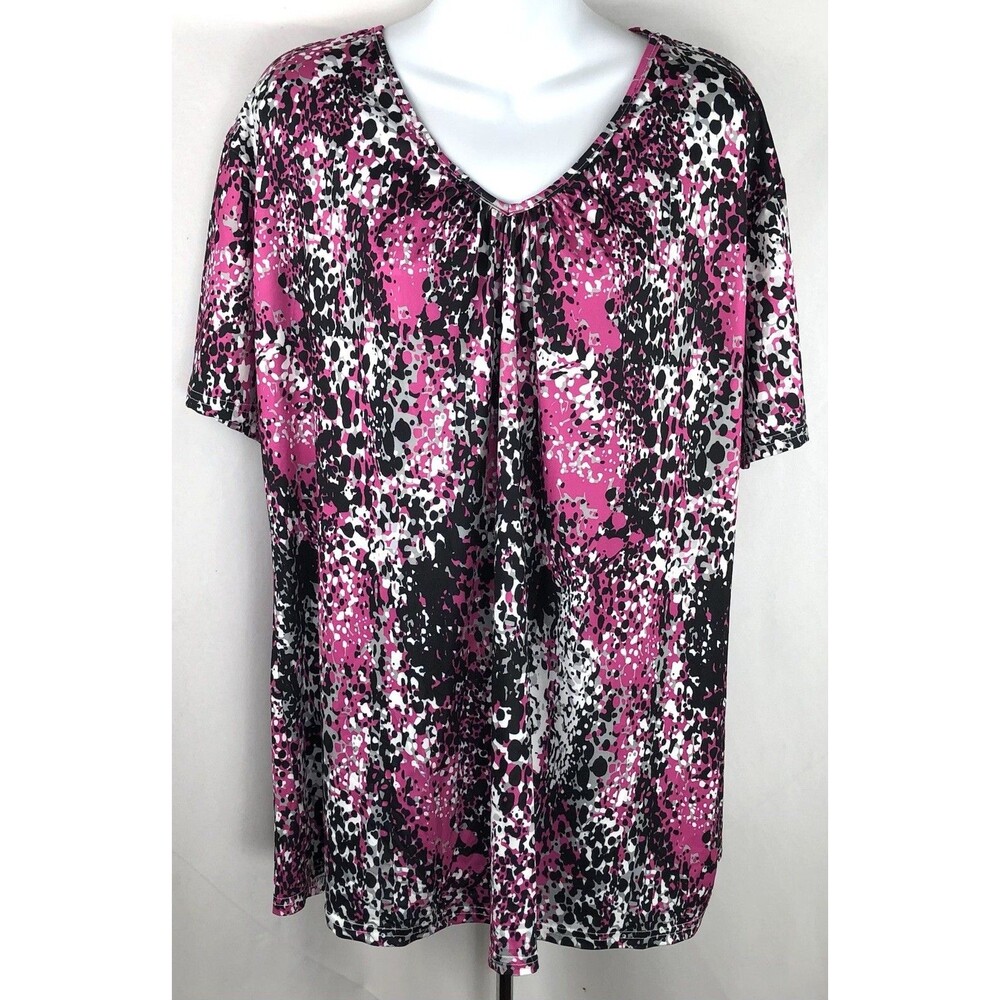 Stretchy Tee Pull Over Top 2XL Pink Black Geometric Pleated V-Neck Short sleeve
